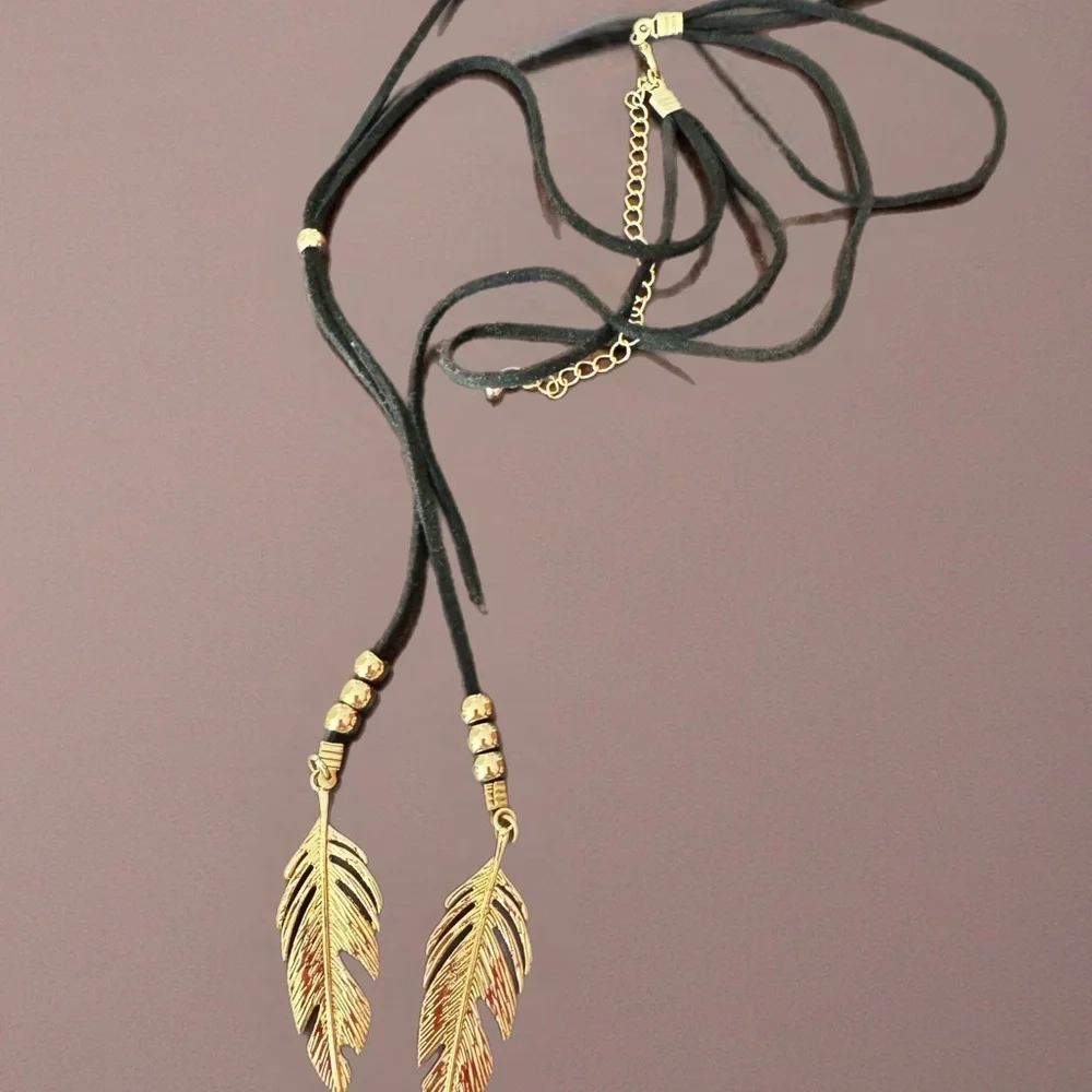 Bohemian Faux Leather Rope Necklace w/ Feather Pendants - Picture 4 of 4